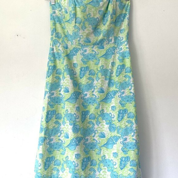 Lilly Pulitzer Size 6 Strapless Crab Seashell Print Scalloped Sheath Midi Dress - Picture 2 of 8